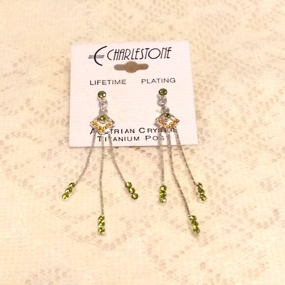 NEW Silver Plated Yellow & Green Crystal Long Drop Dangle Earrings Jewelry Gifts - Picture 4 of 5